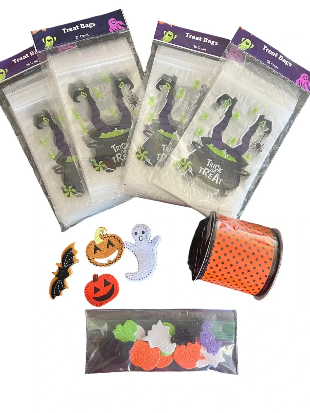 Halloween Treat Bags (100), Sticker (20) Sticker & Ribbon Bundle